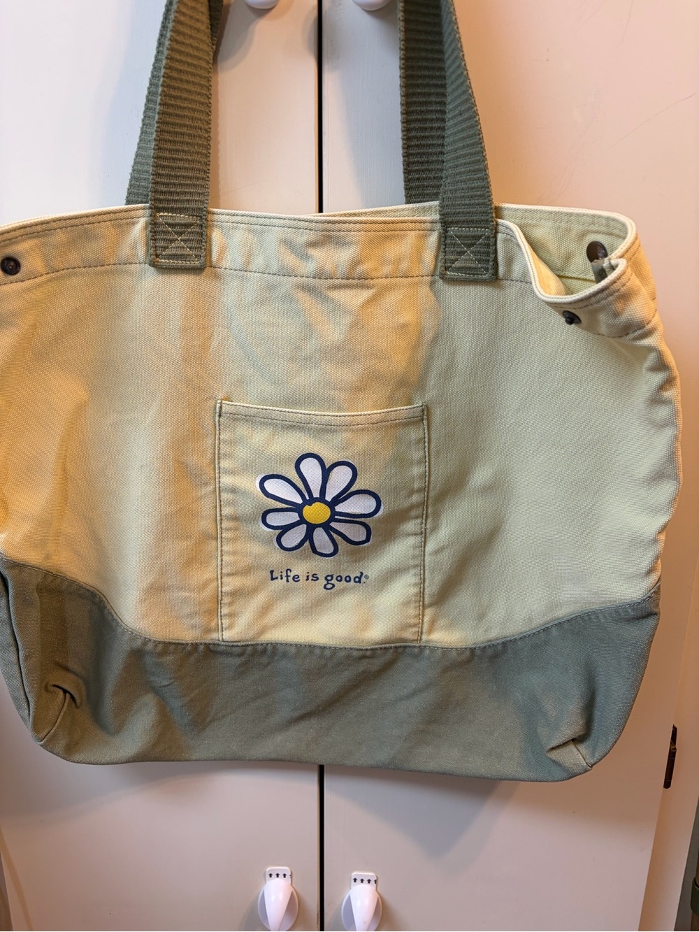 Life Is Good Canvas Daisy Tote - 20x17 Cream and Olive Green